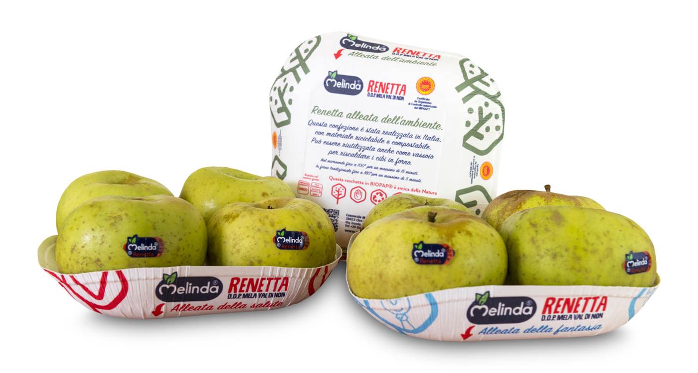 Le mele dal bollino blu disponibili in diversi packaging innovativi in materiale eco-friendly.