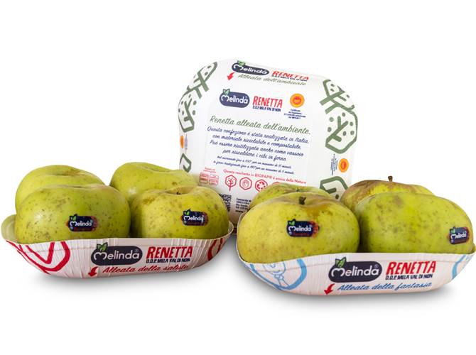 Le mele dal bollino blu disponibili in diversi packaging innovativi in materiale eco-friendly.