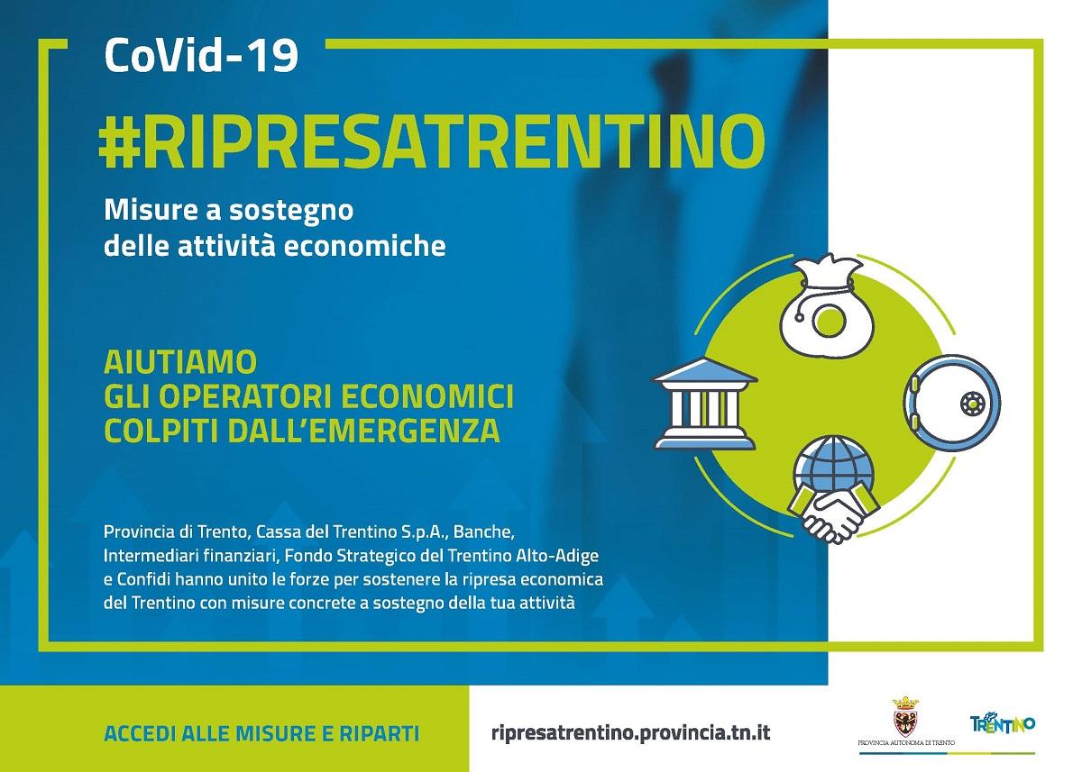 Ripresa Trentino: dal 4 maggio attiva nuova linea di finanziamento Ampliamento dell'operatività delle misure previste nell’ambito del Protocollo Ripresa Trentino, info su https://ripresatrentino.provincia.tn.it