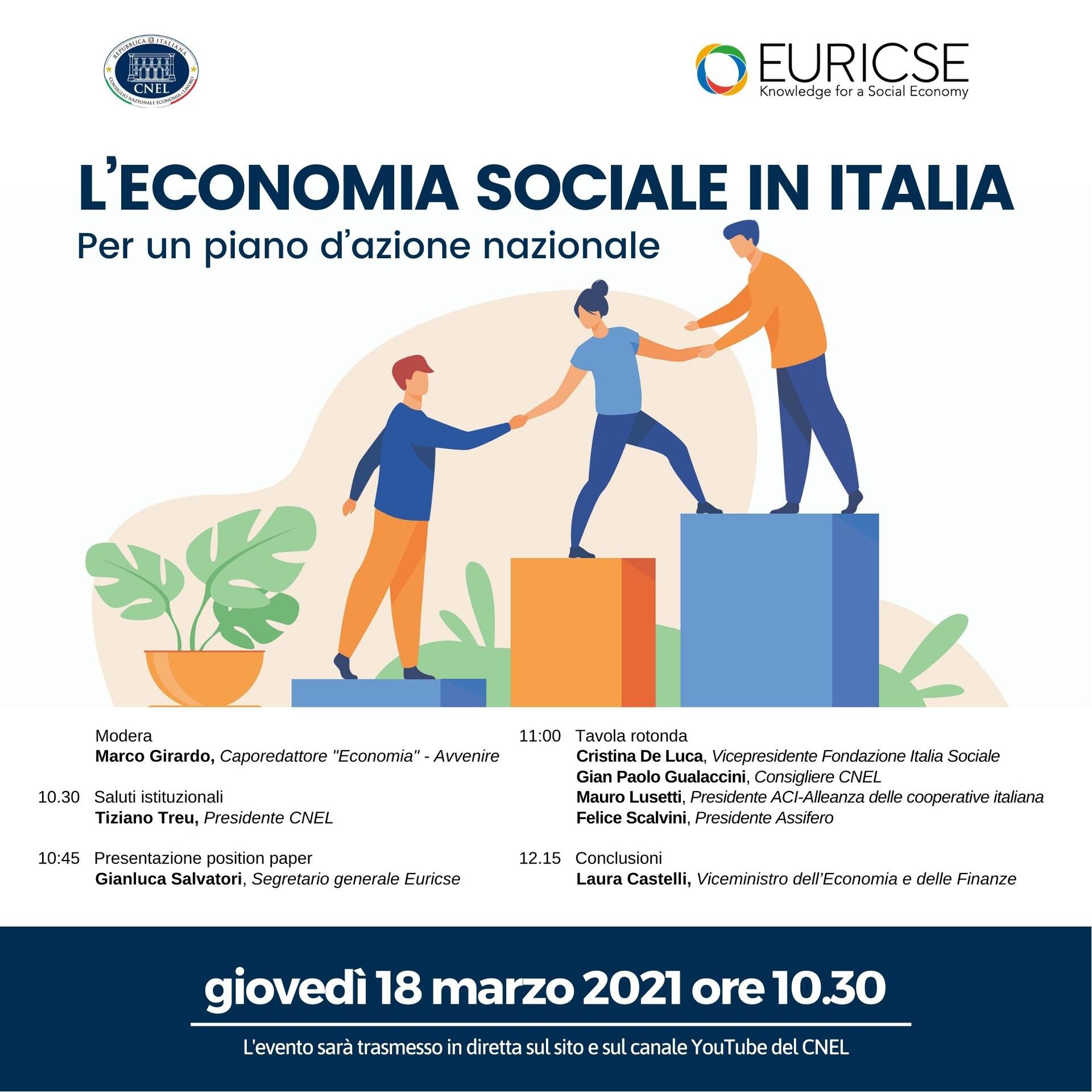 Terzo settore, al Cnel presentazione del Piano d'azione Euricse per la ripresa Giovedì 18 marzo webinar con tavola rotonda.
