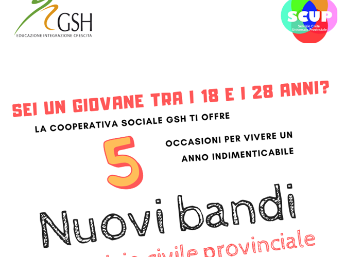 La cooperativa sociale Gsh offre a 5  giovani, dai 18 ai 28 anni compiuti, la possibilità di partecipare al Servizio Civile Universale Provinciale.