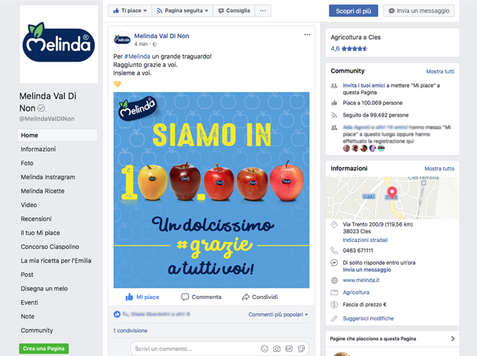 Centomila fan su Facebook. Centomila grazie da Melinda I post sulla pagina registrano il più alto tasso di “engagement” nel panorama ortofrutticolo italiano.