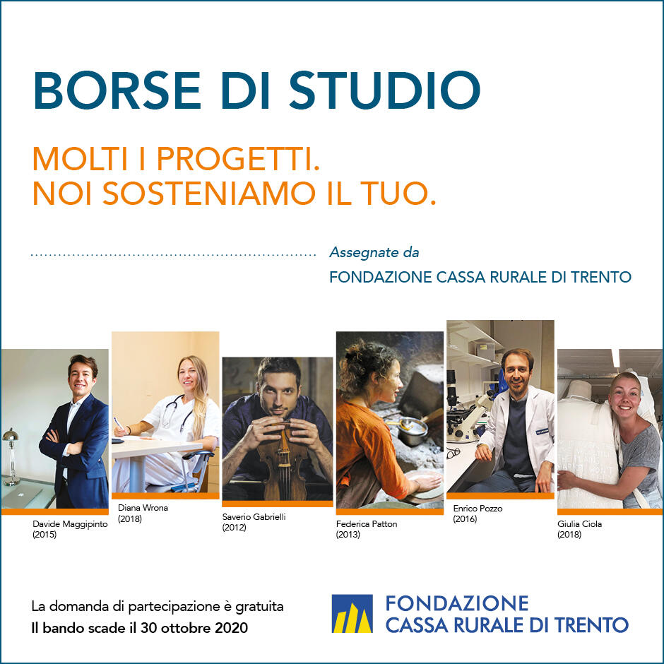 Fondazione Cassa Rurale di Trento 11esima edizione delle Borse di Studio Entro fine ottobre studentesse e studenti possono presentare la domanda per l’assegnazione di una delle tre borse di studio.